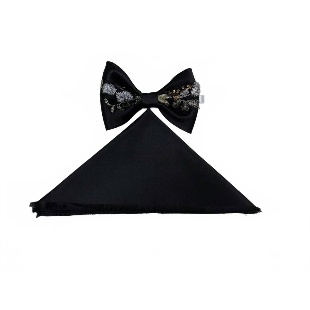 NEW QUIET LUXURY men's bow tie and pocket piece in black with embroidered patter